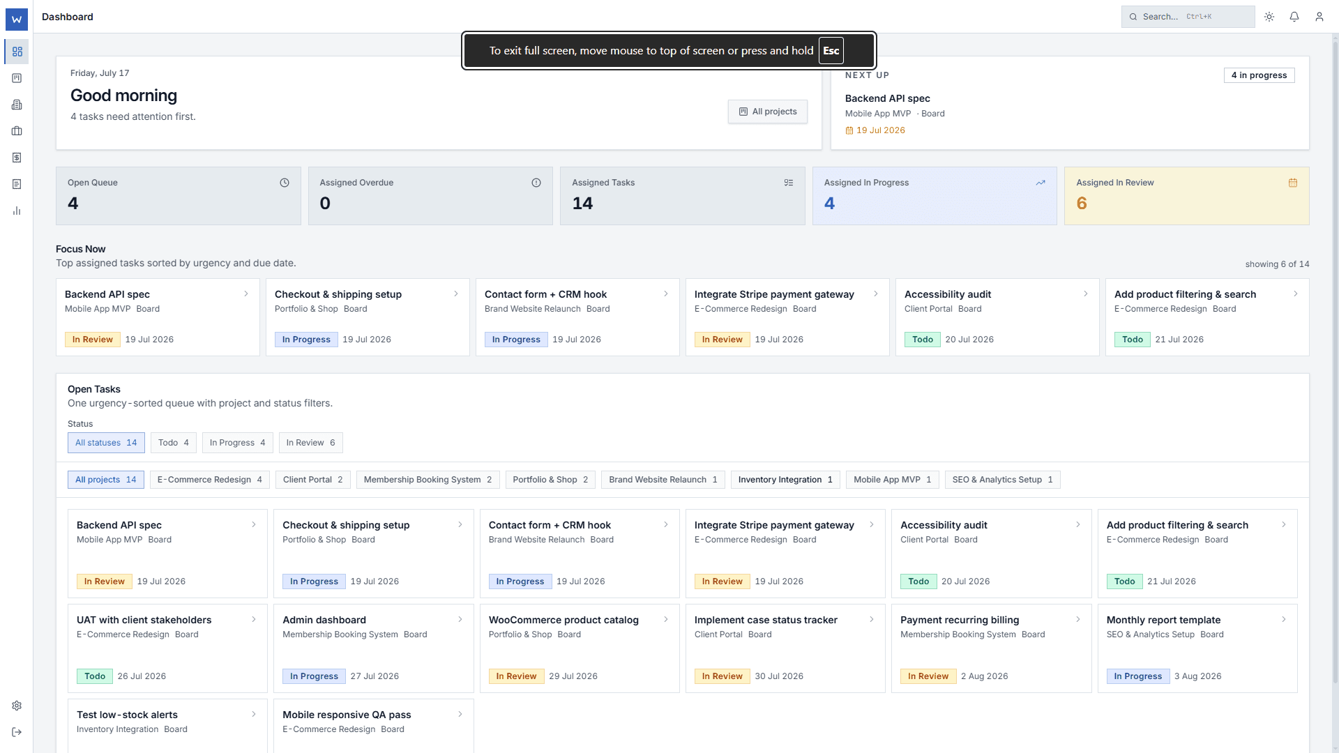 WorklaneOS dashboard — the client-app tier of the bundle, built on the B2C foundation and running Ashersoft's own operations